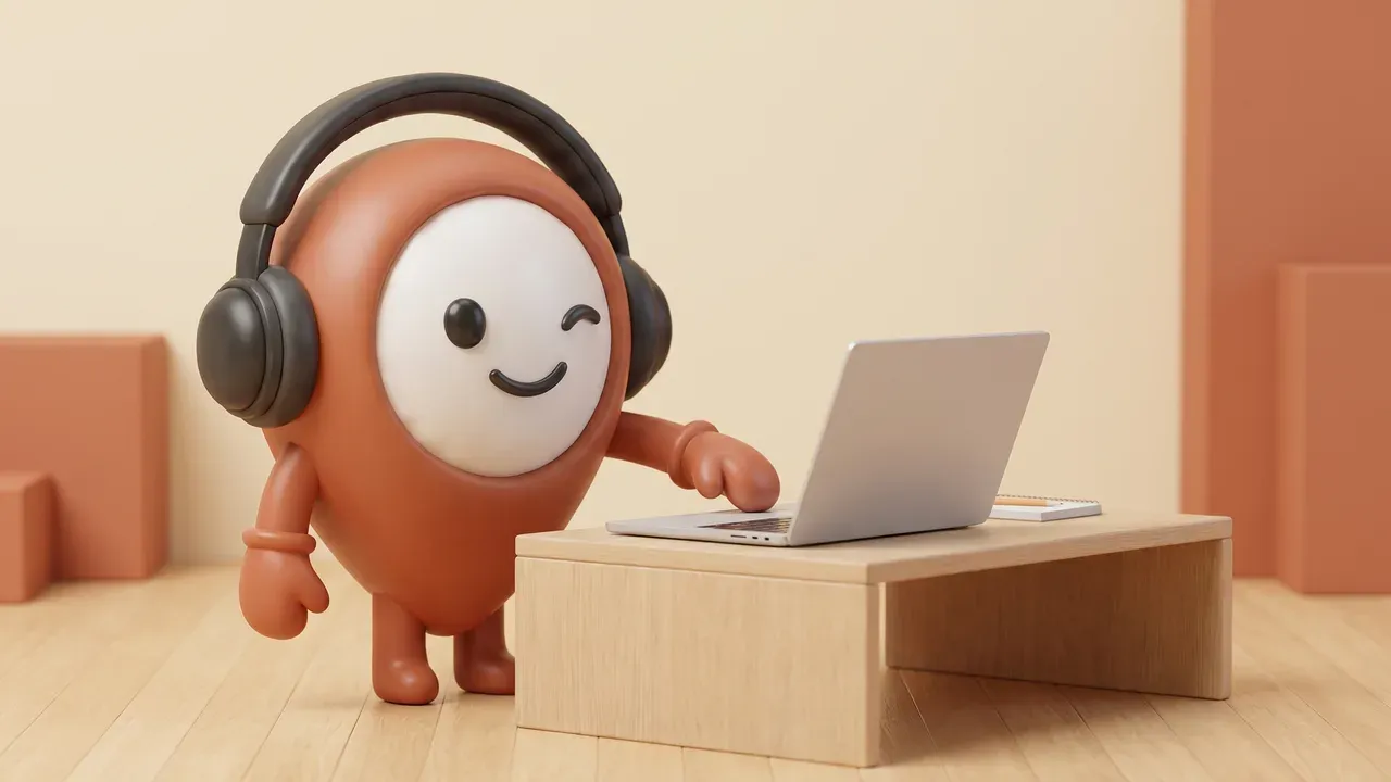 La mascota de audioguia.ai escribe un guión en una laptop